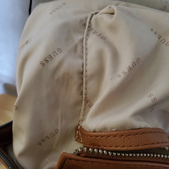 GUESS Cool Mix Handbag | Metallic Bronze & Taupe Satchel with Strap - Picture 9 of 12